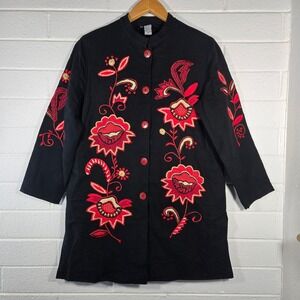 Vtg Indigo Moon Floral Embroidered Long Jacket Tunic Medium Cotton Bohemian Lady